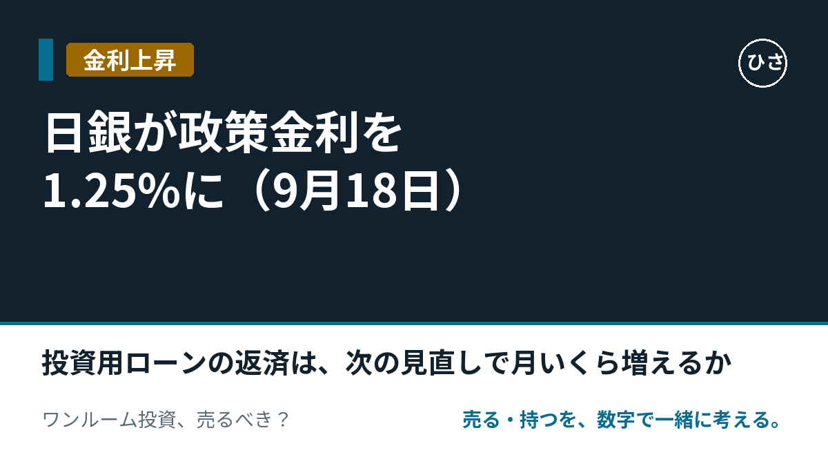 日銀が政策金利を1.25%に上げた（9月18日）。投資用ローンの返済は、次の見直しで月いくら増えるか