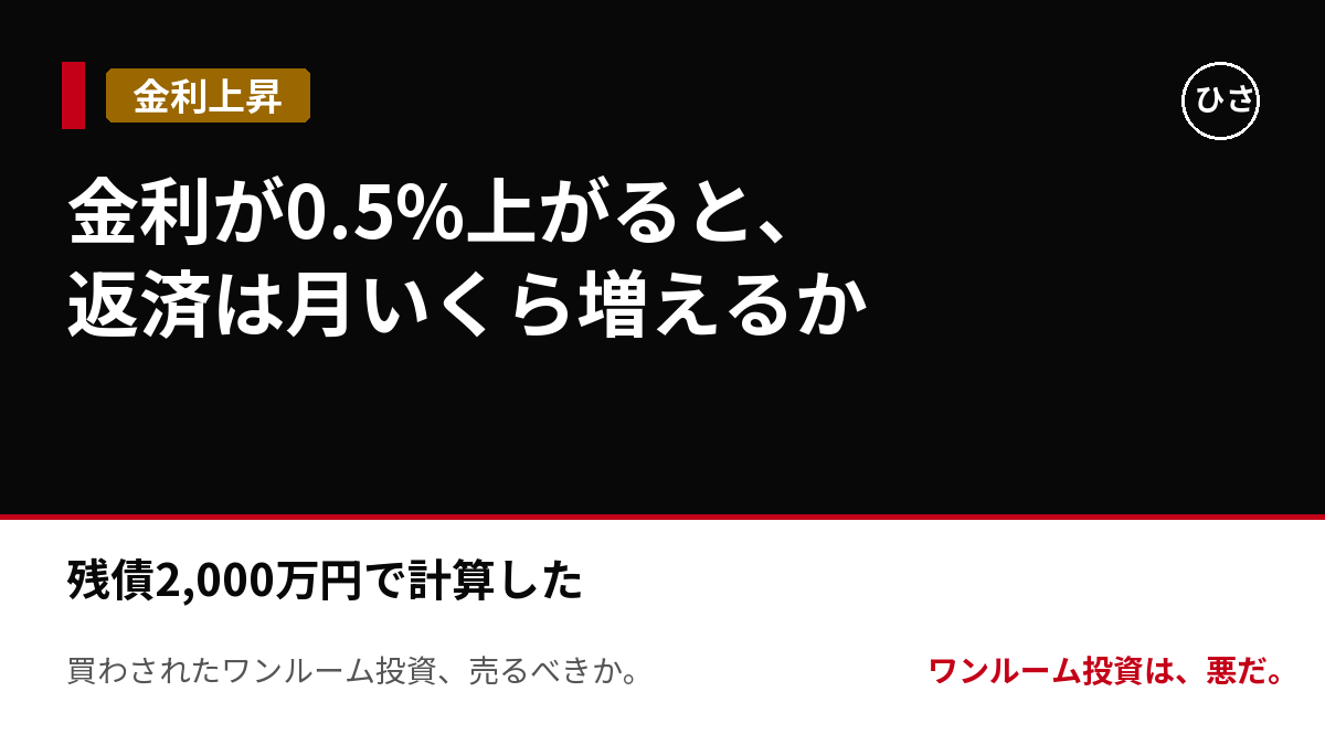 金利が0.5%上がると、あなたのワンルームの返済は月いくら増えるか。残債2,000万円で計算した