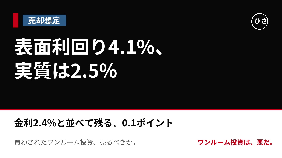 表面利回り4.1%のワンルーム、実質は2.5%。ローン金利2.4%と並べて残る0.1ポイントが「利回りのからくり」だ